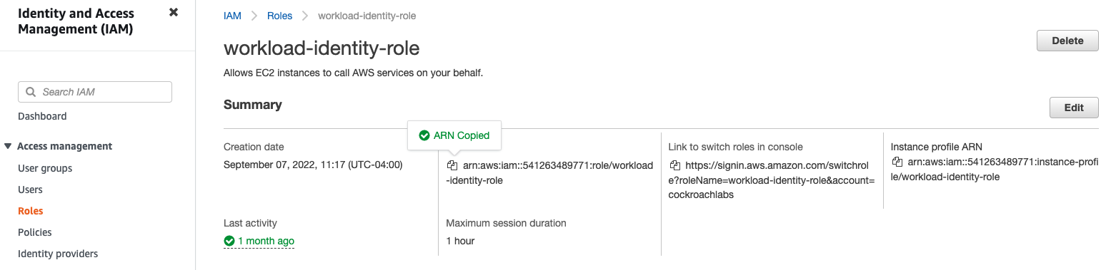 Role summary page showing the ARN copied